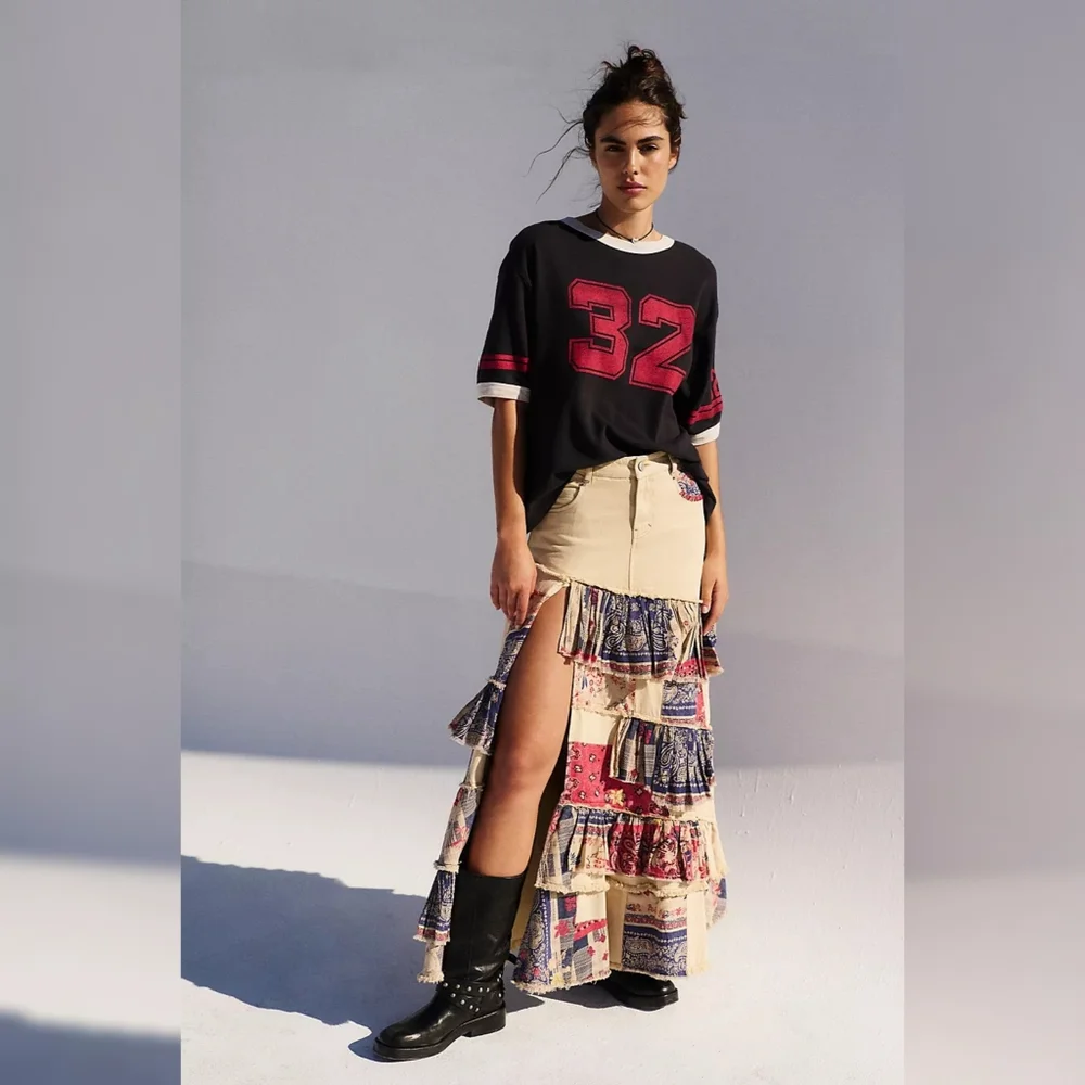 Free‎ People Harvest Moon Maxi Skirt Tiered Ruffle Denim Skirt Women's Size 30